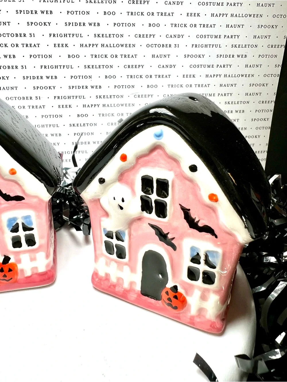 Halloween Pink Gingerbread Haunted House Ceramic Salt & Pepper Shakers Ghost Bat